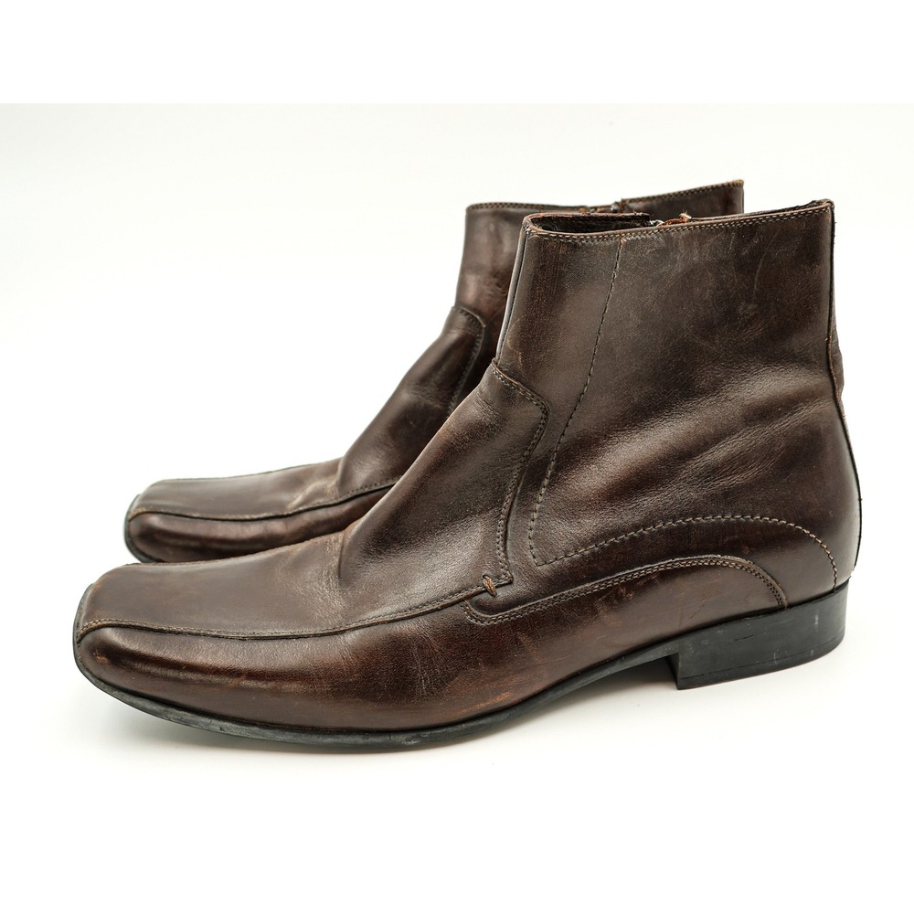 Aldo Mens Brown Leather Side Zip Ankle Boots Y2K Square Toe Size 42
